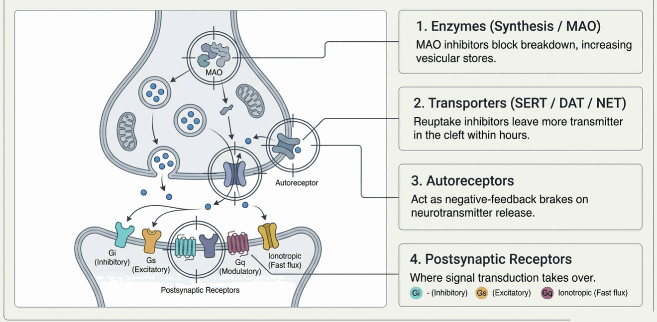 Aminergic synapse showing the four druggable nodes: synthetic enzymes and MAO, reuptake transporters, the presynaptic autoreceptor, and postsynaptic receptors