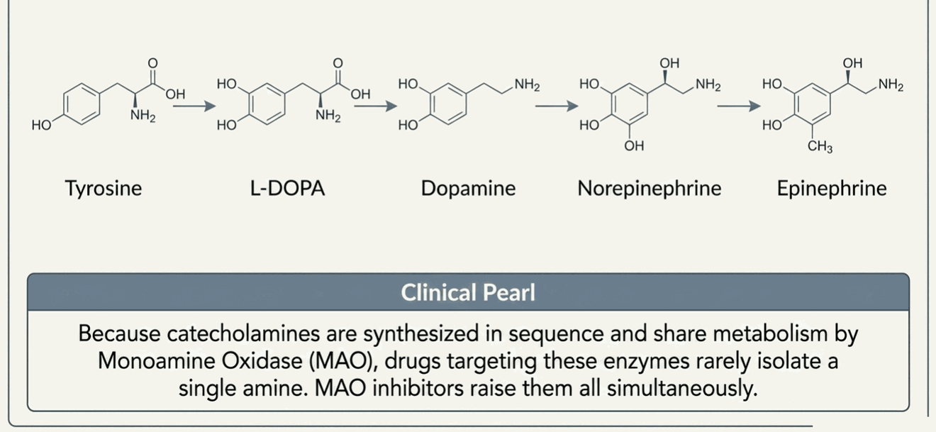 Catecholamine biosynthetic pathway from tyrosine to L-DOPA, dopamine, norepinephrine, and epinephrine