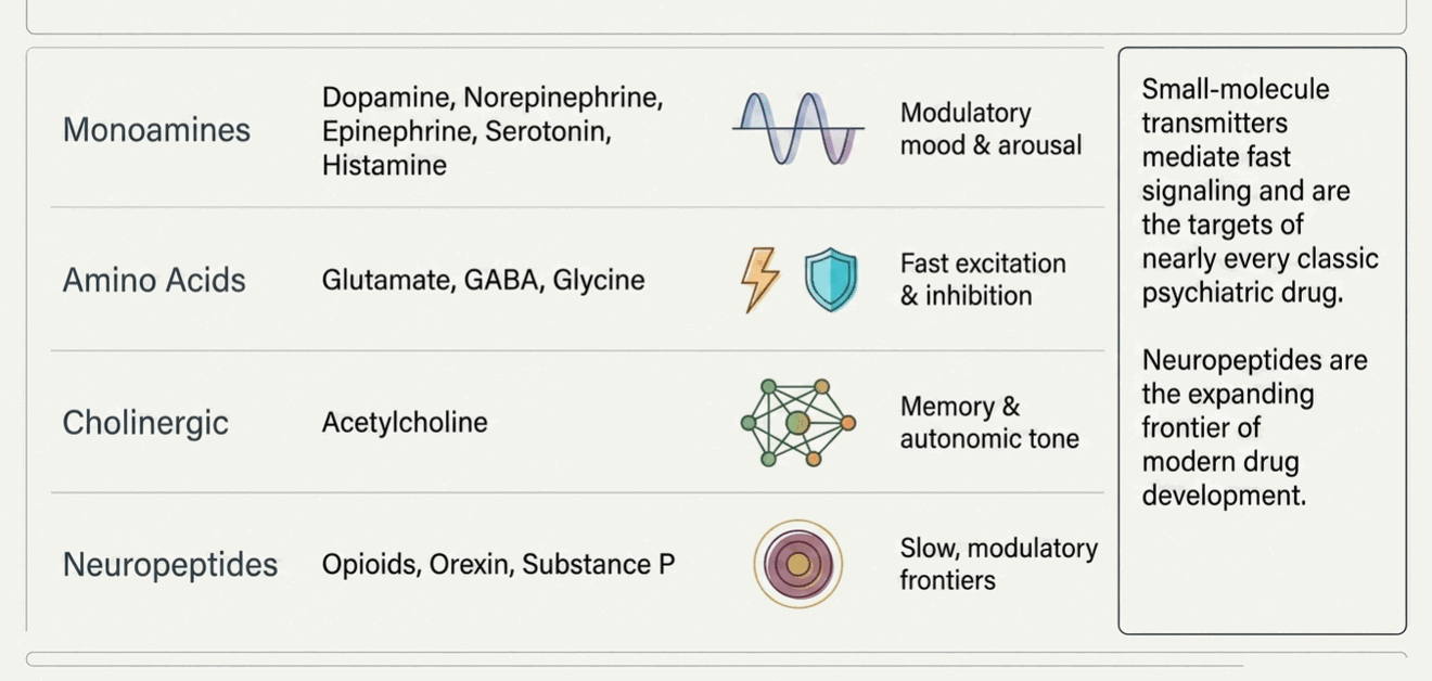 Master map of neurotransmitter classes: monoamines, amino acids, cholinergic, and neuropeptides with representative transmitters and functions