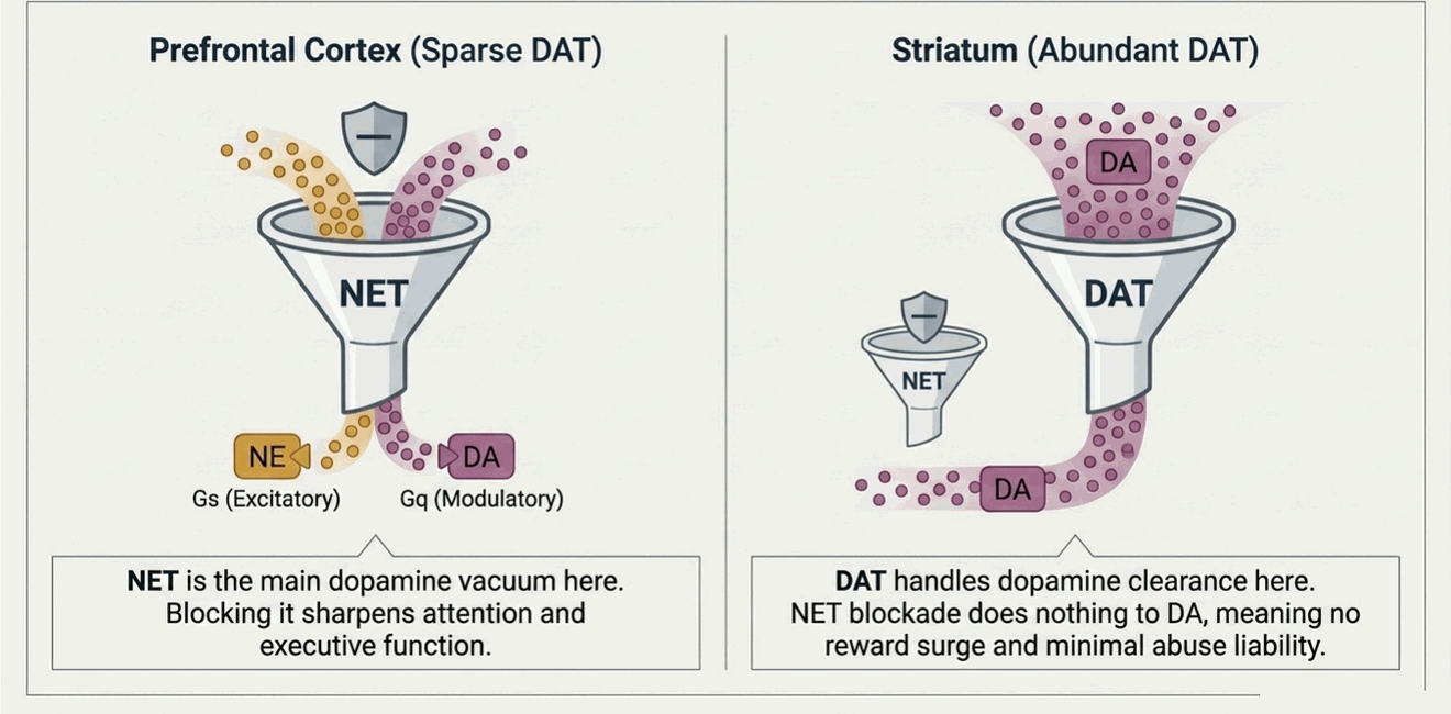Regional dopamine clearance contrasting the NET-dominated prefrontal cortex with the DAT-rich striatum
